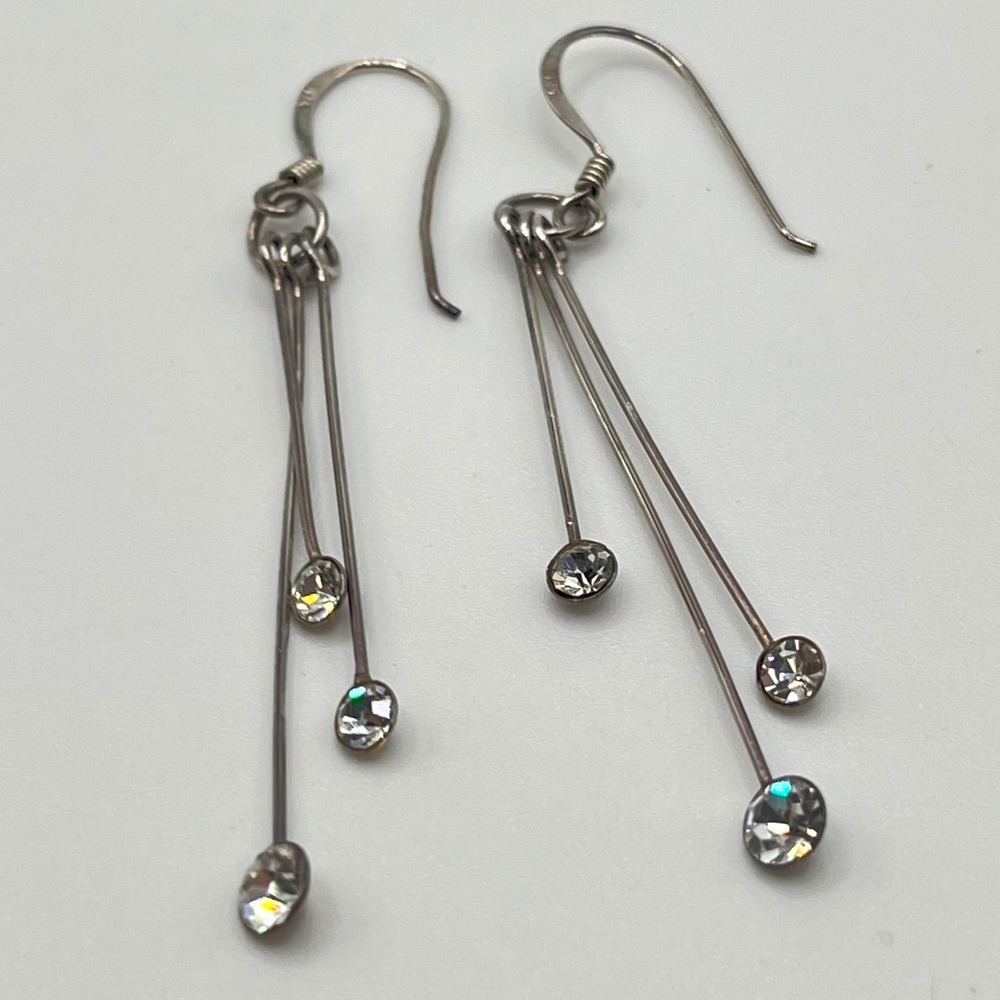 925 Sterling Silver Triple Strand Rhinestone Drop Earrings Linear Tiered Dangle
